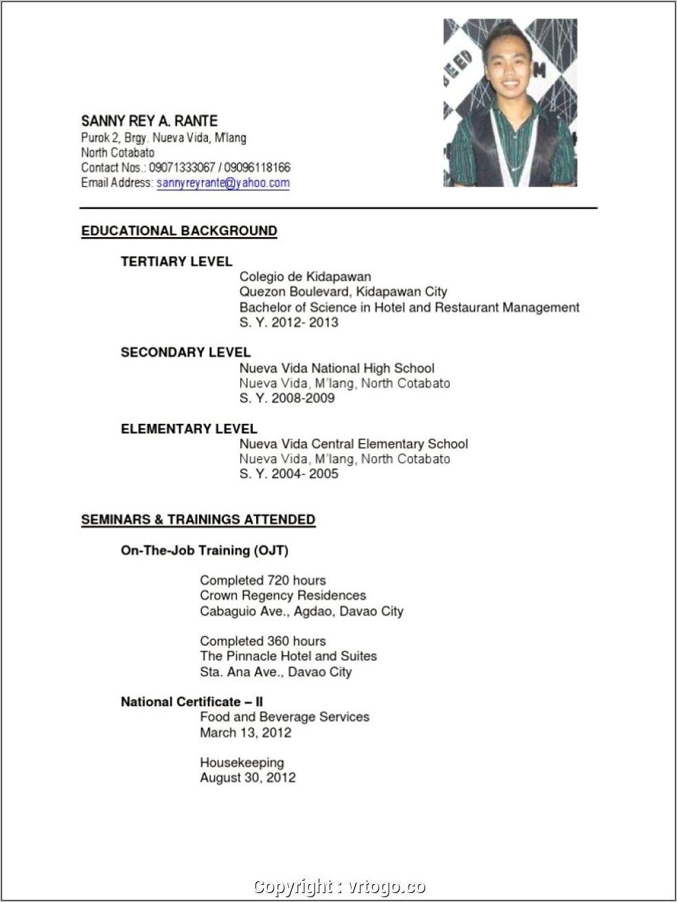 Resume Sample For Ojt Hrm