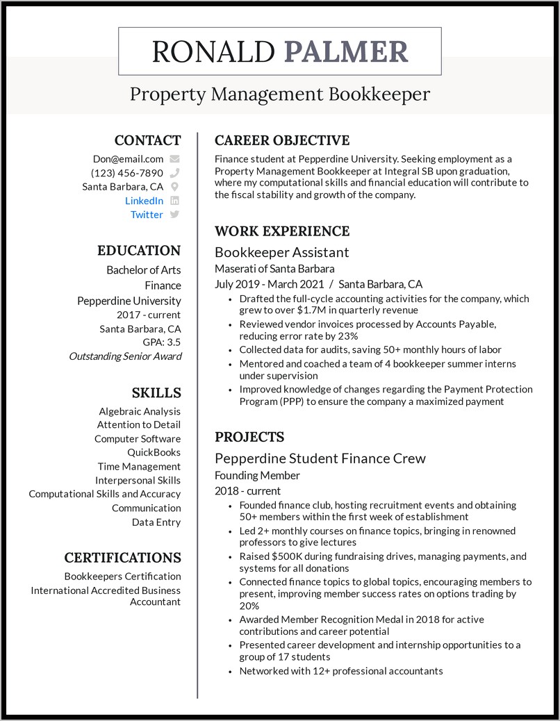 Resume Sample For School Bookkeeper