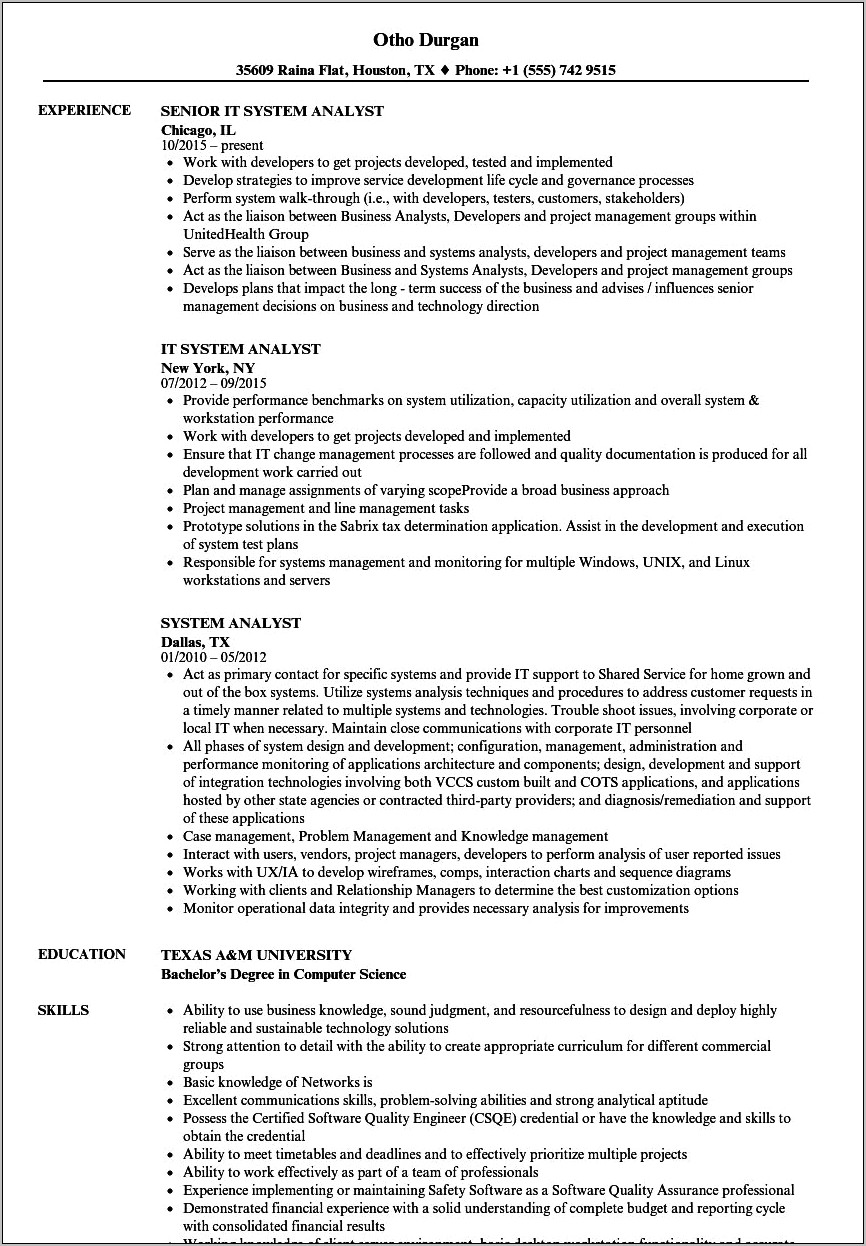 Resume Sample For System Analyst