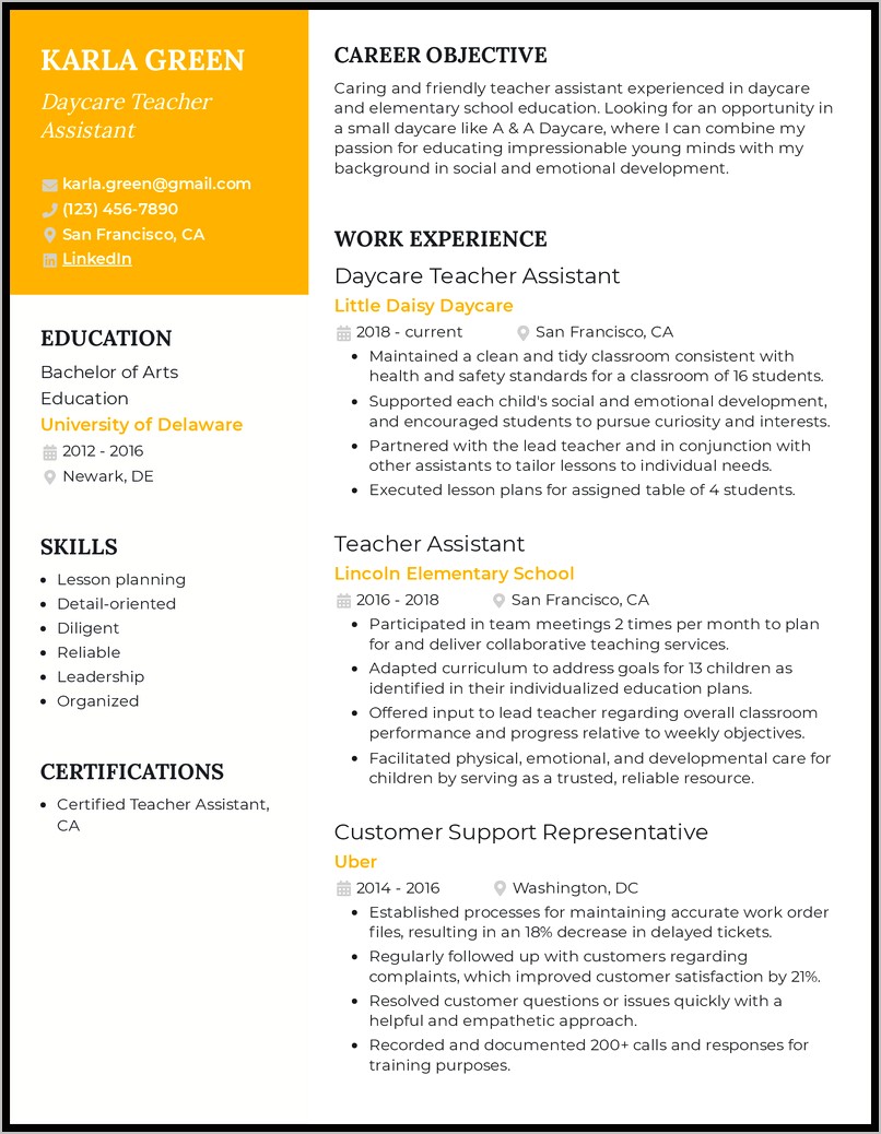 Resume Sample For Teachers Aide