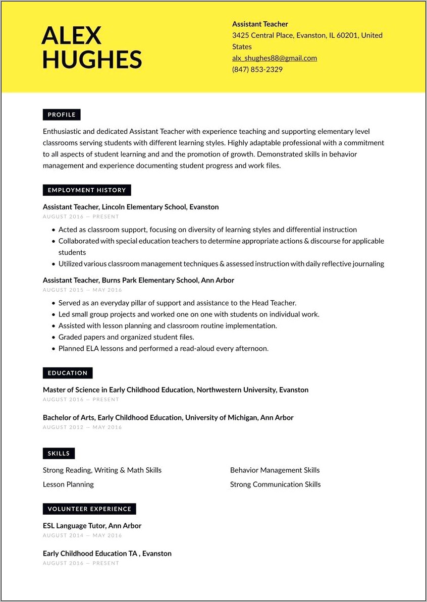 Resume Sample For Teachers Assistant