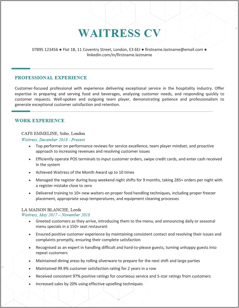 Resume Sample For Waitress Job