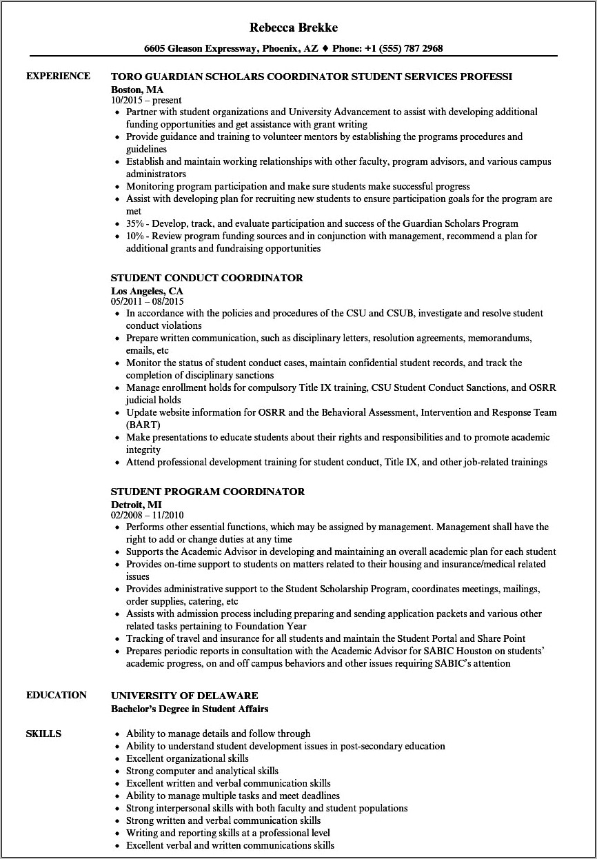 Resume Sample International Student Coordinator