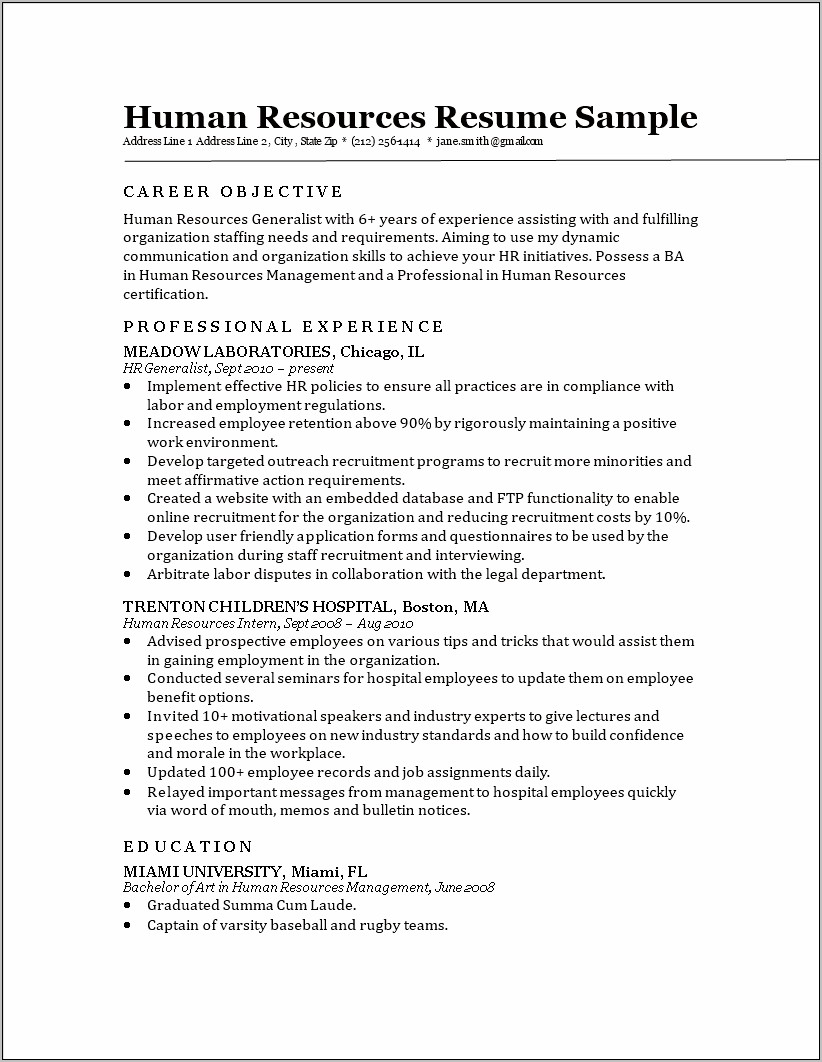 Resume Sample Objective For Hrm