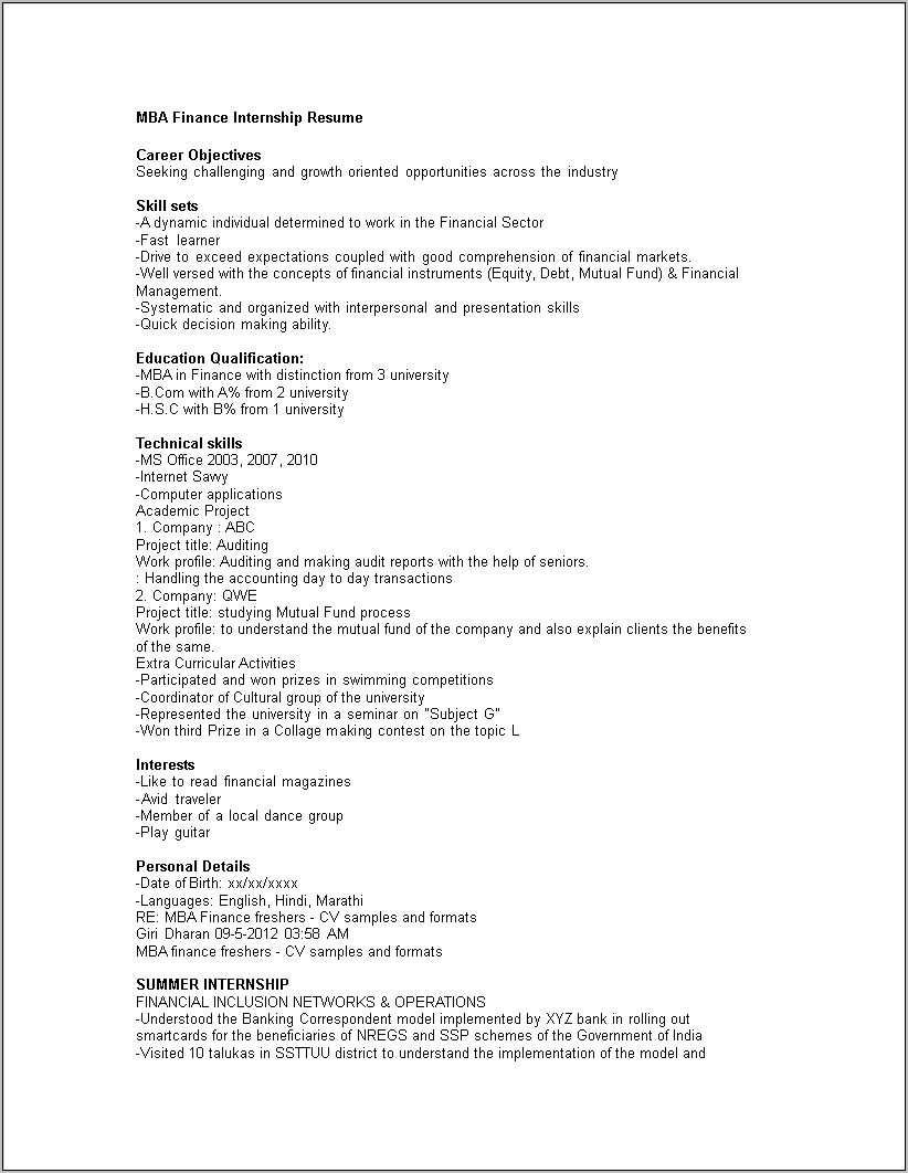 Resume Sample Objectives For Internship