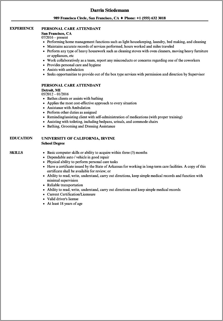 Resume Sample Personal Care Assistant