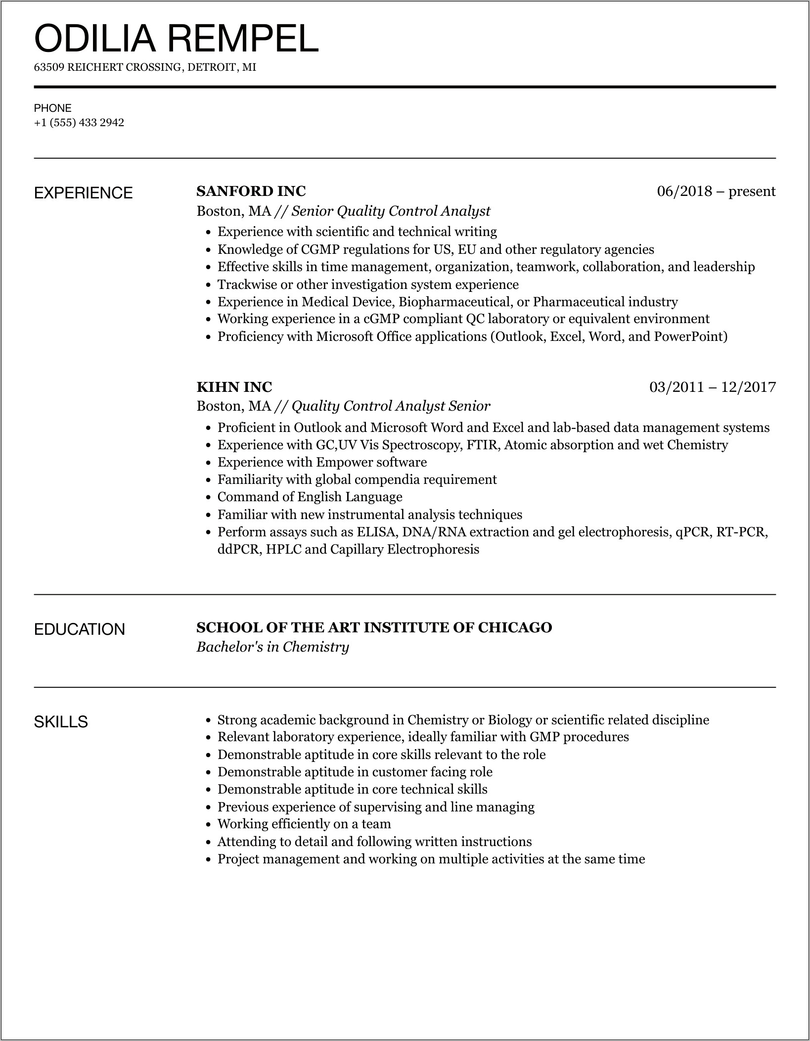 Resume Sample Stability Qc Lab