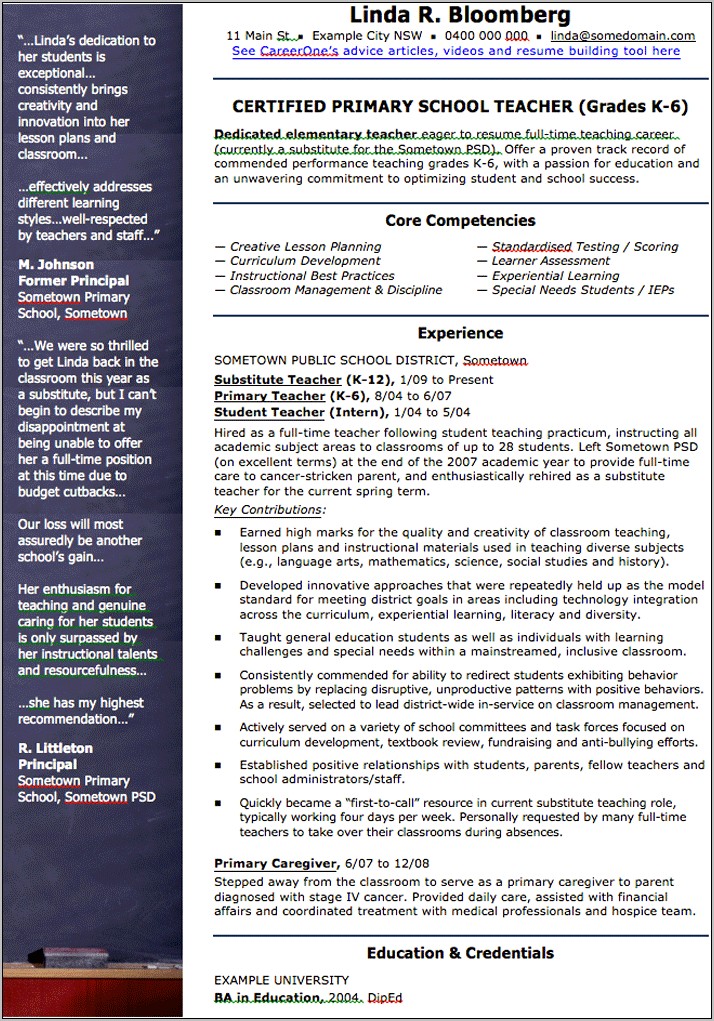 Resume Samples Doc For Teachers