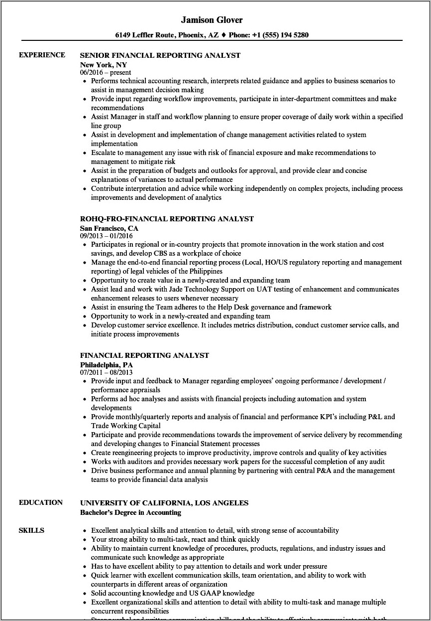 Resume Samples Financial Reporting Skills