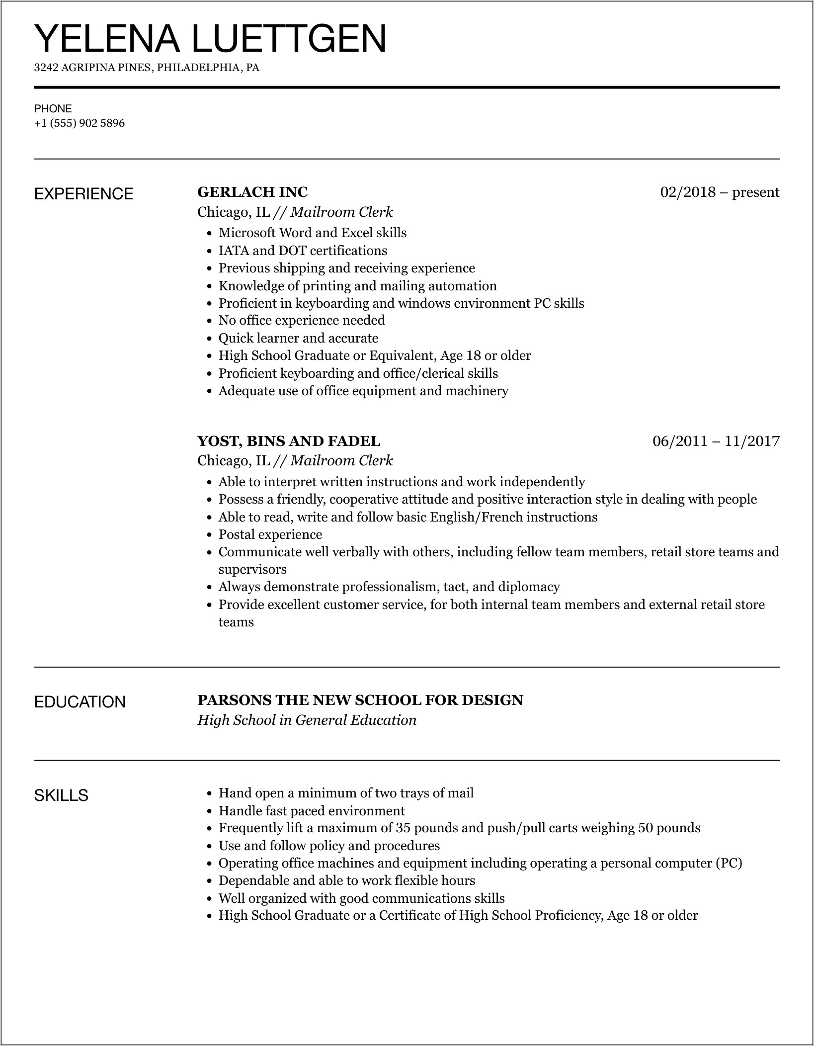 Resume Samples For Agency Mailroom