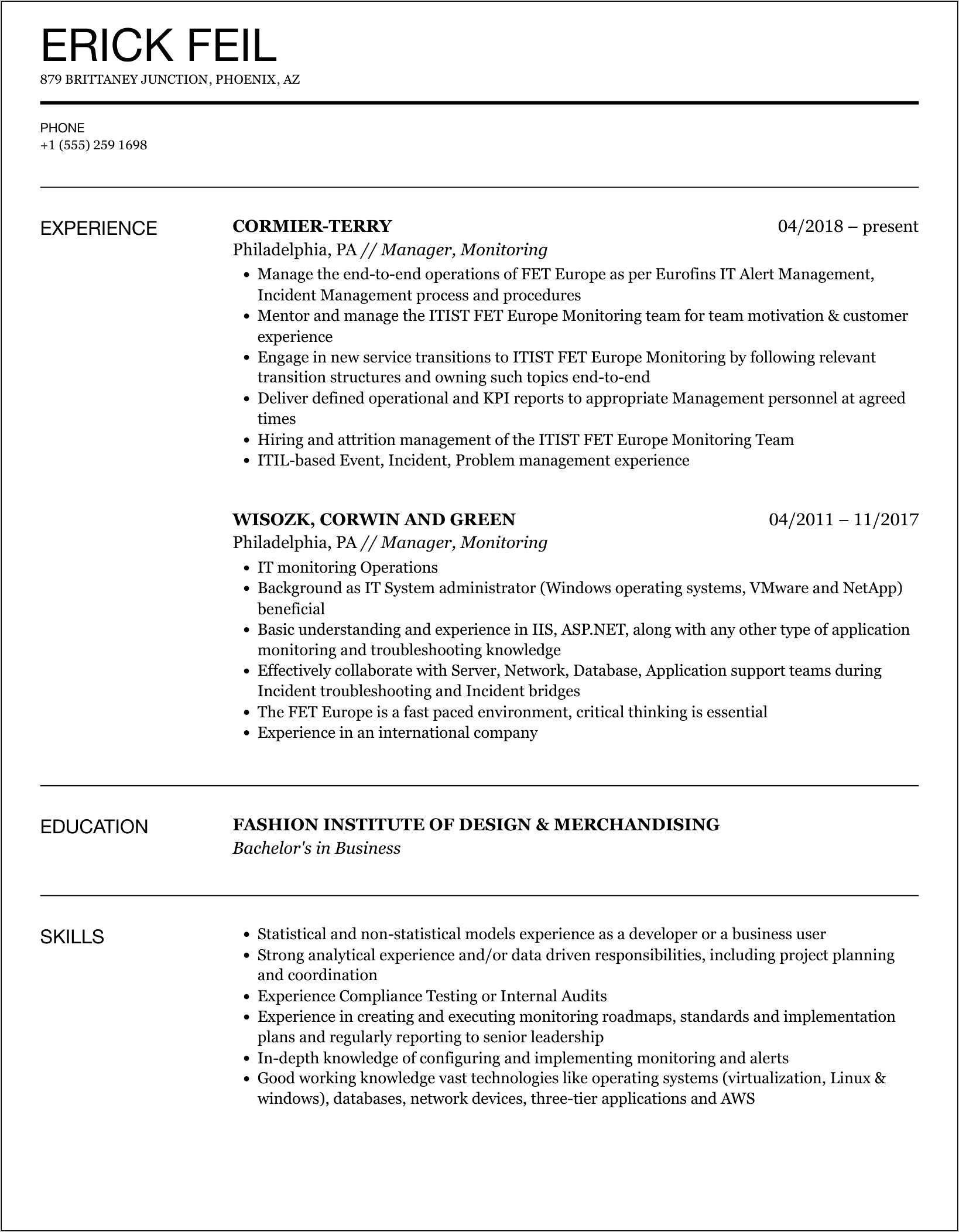 Resume Samples For Atm Monitoring