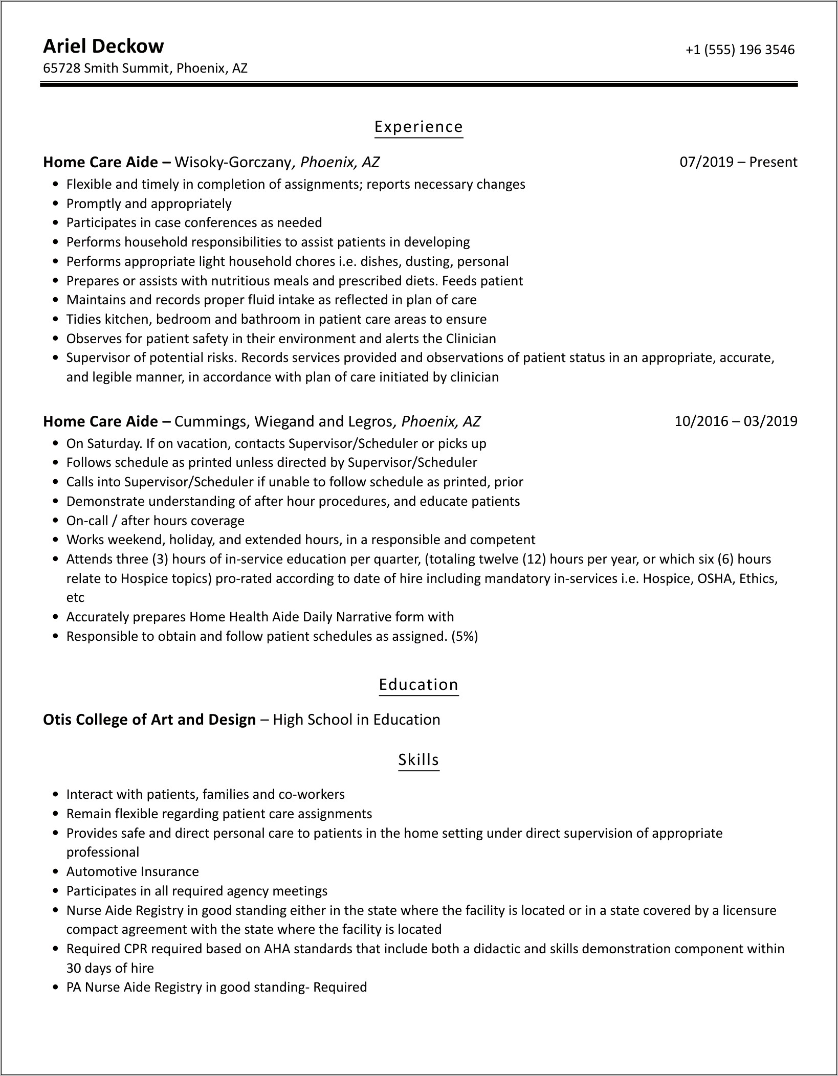 Resume Samples For Care Aide