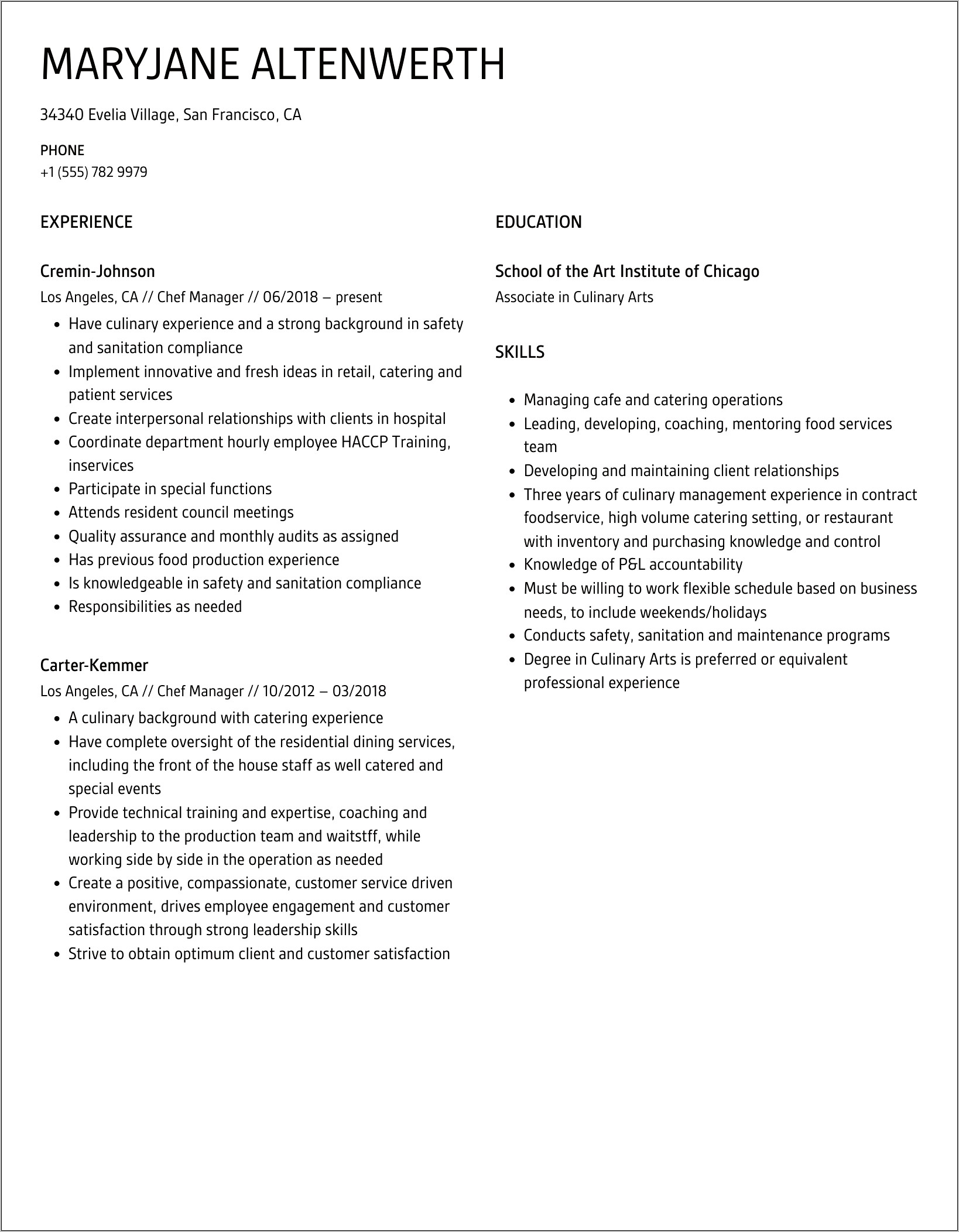 Resume Samples For Chef Manager