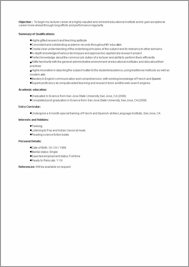 Resume Samples For Fresher Lecturers