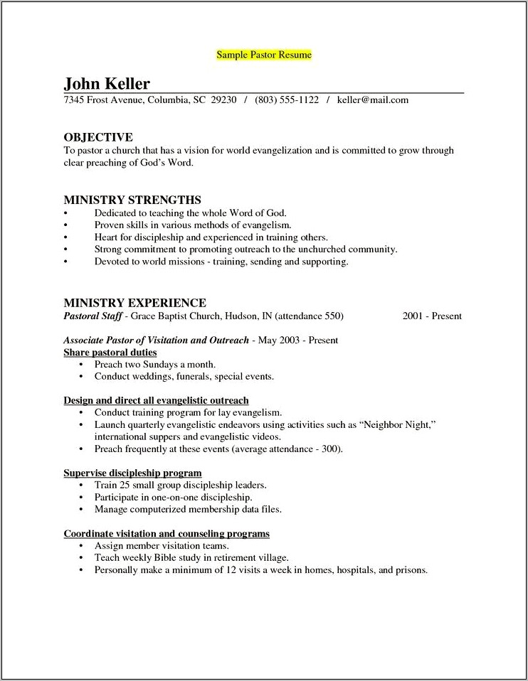 Resume Samples For Ministry Positions