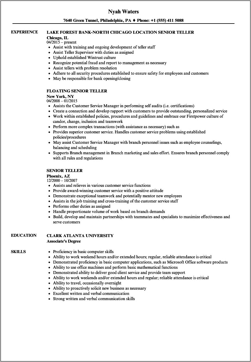 Resume Samples For Teller Supervisor