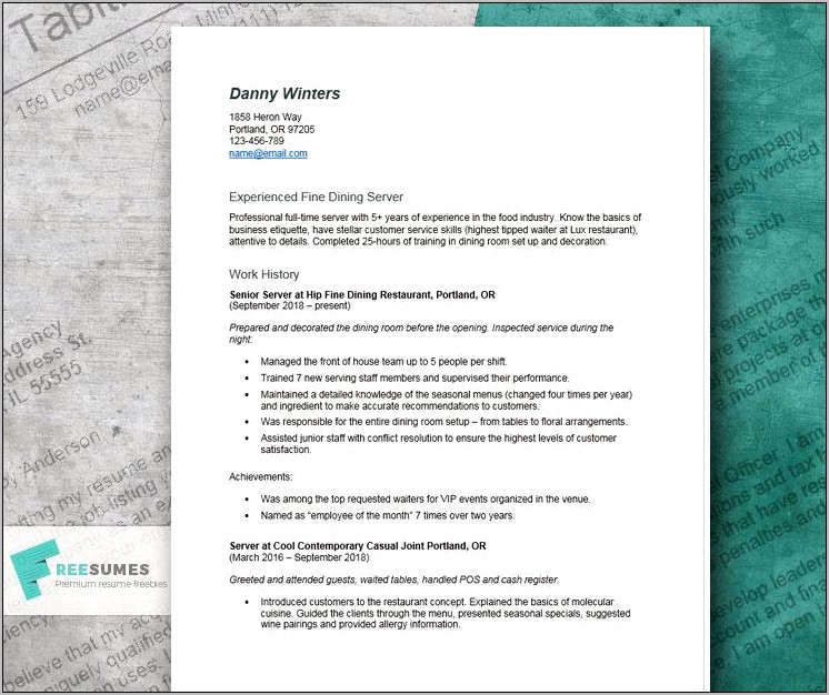 Resume Samples Restaurant Server Summery