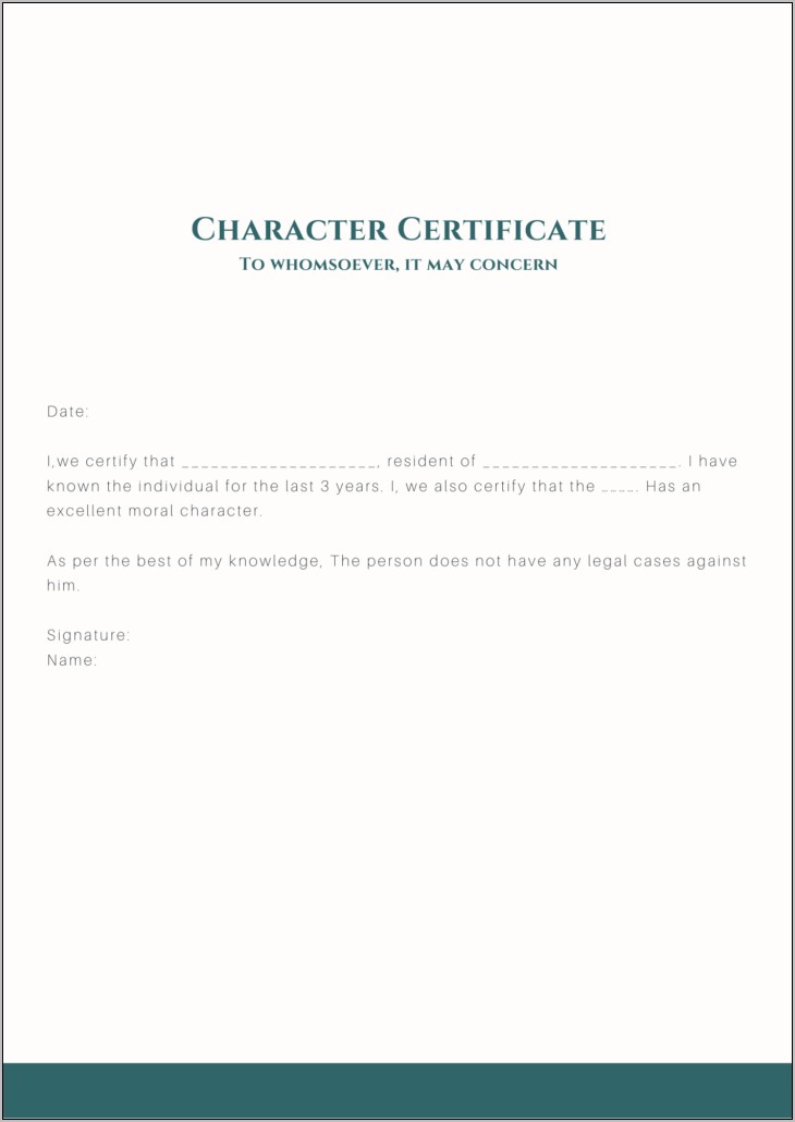 Resume School Character Certificate Sample