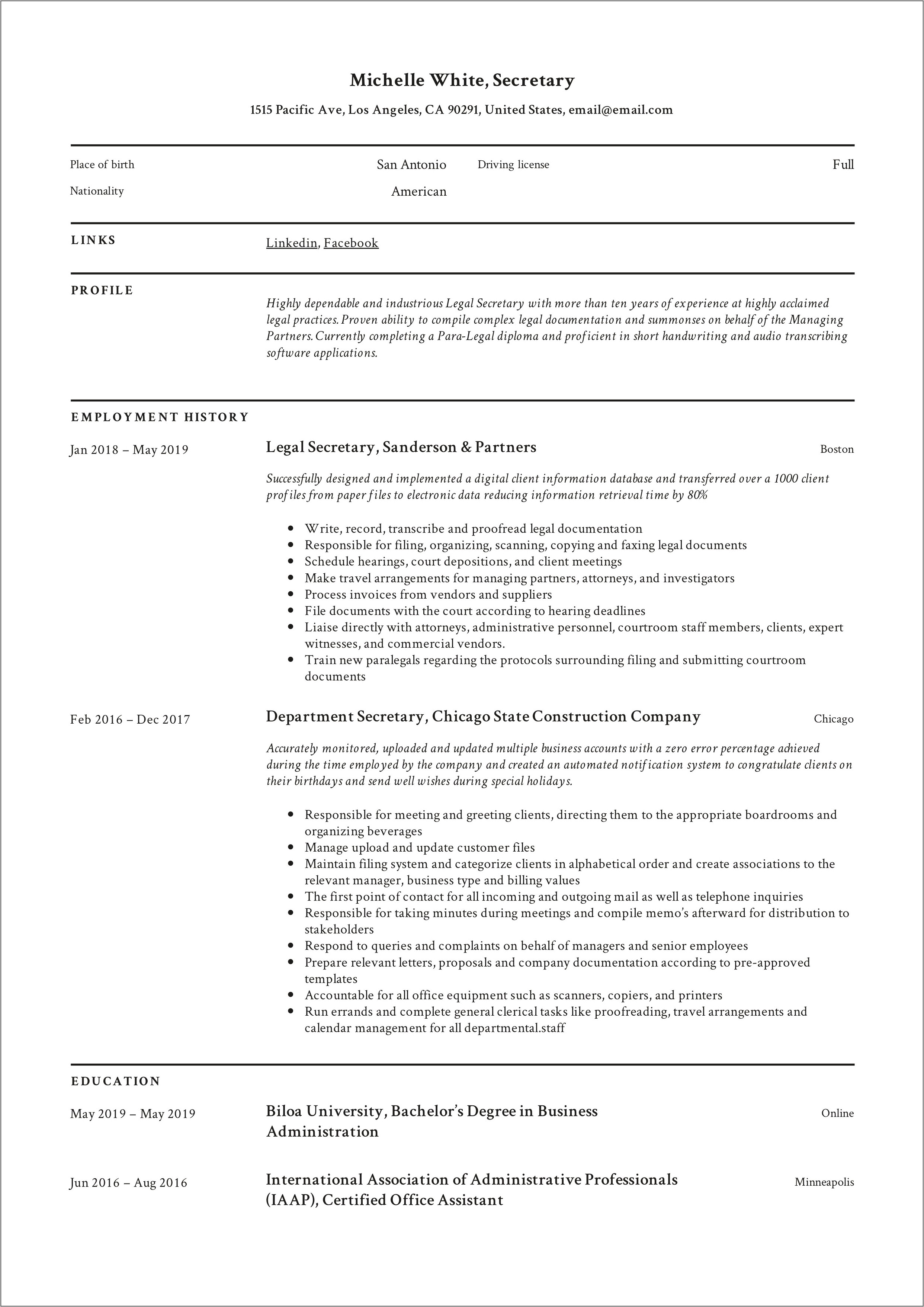 Resume Secretary Career Focus Samples