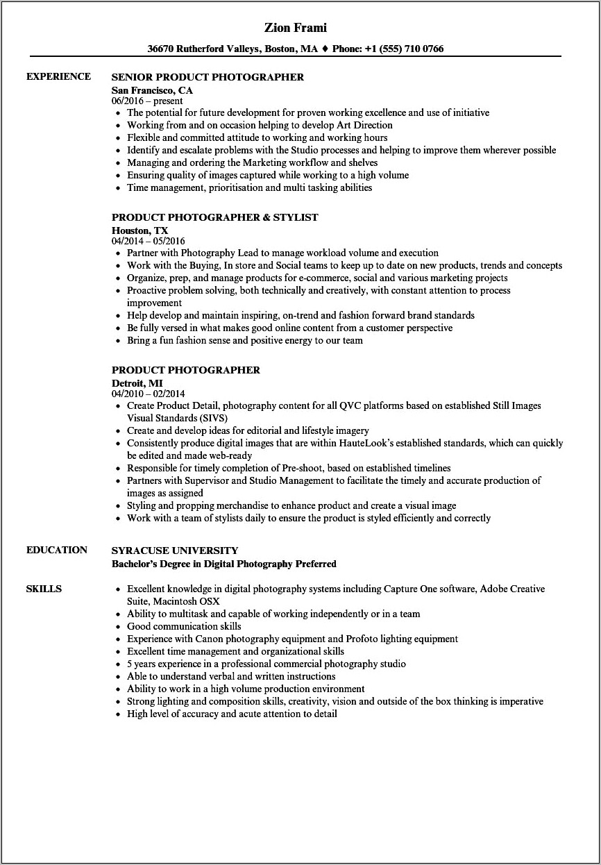 Resume Skill Examples For Photographer