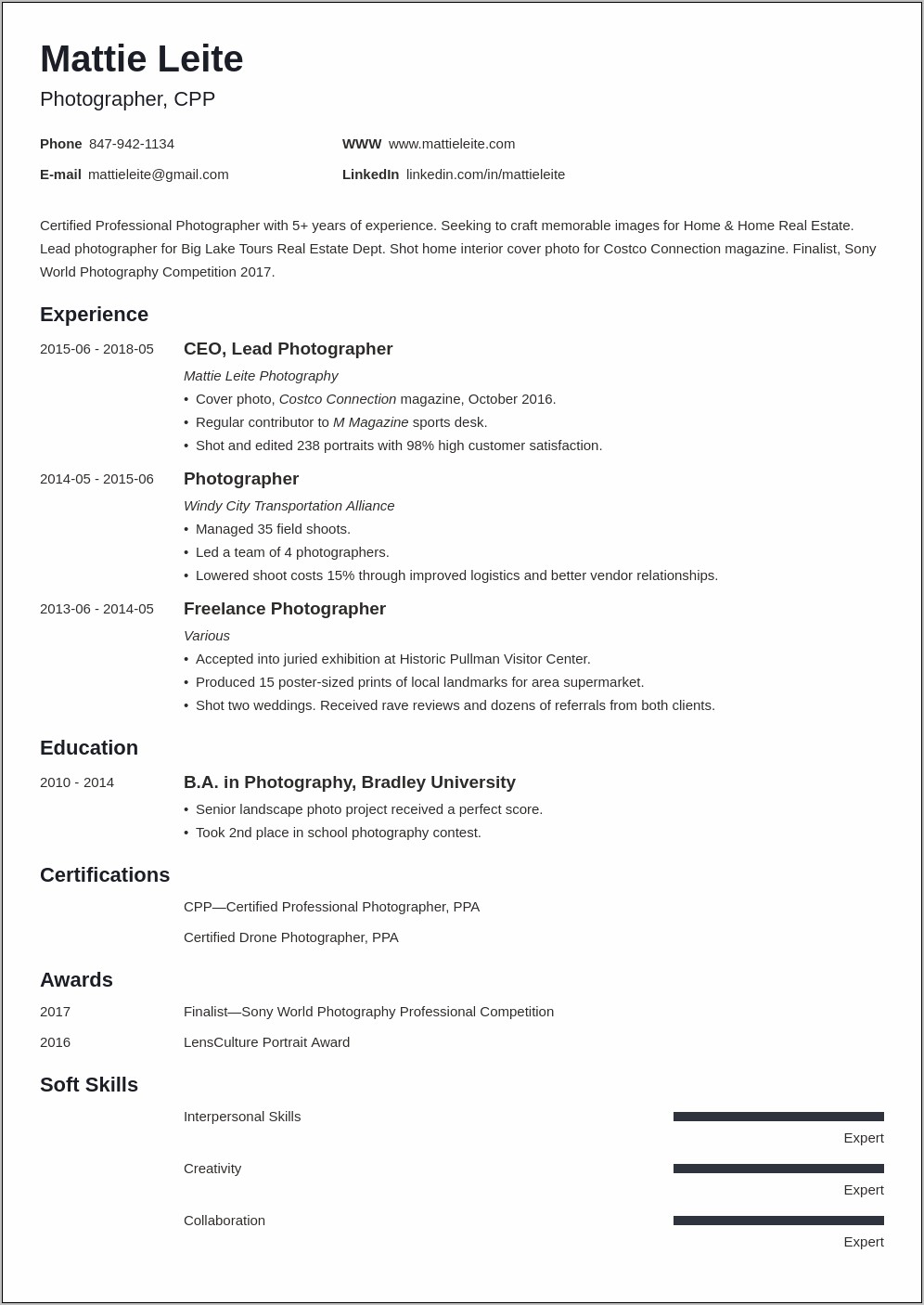 Resume Skill Examples For Photographers