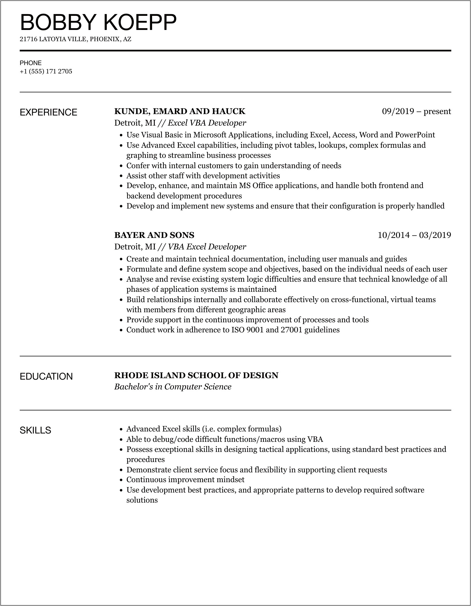 Resume Skill Proficiency In Excel