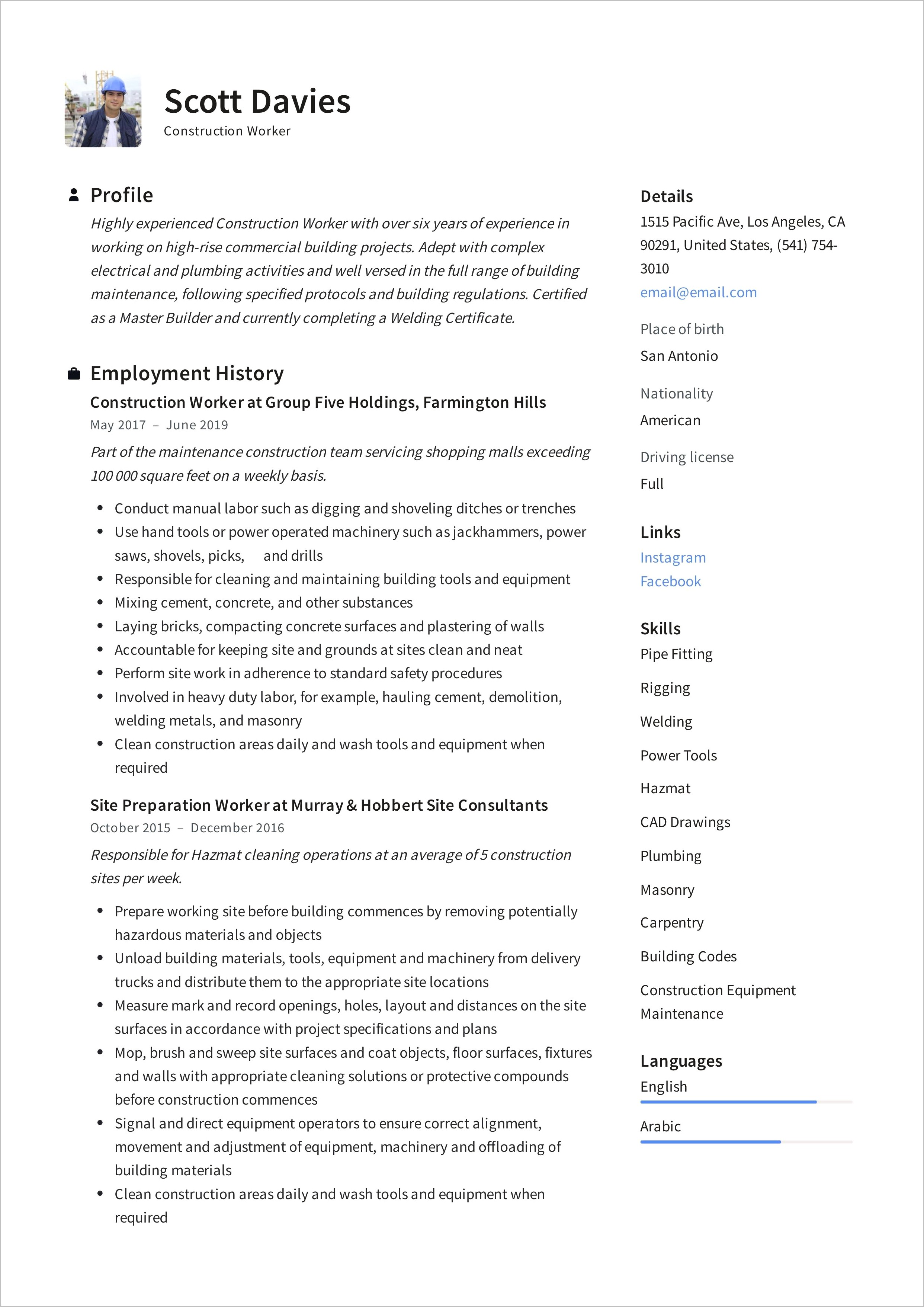 Resume Skills Examples For Construction