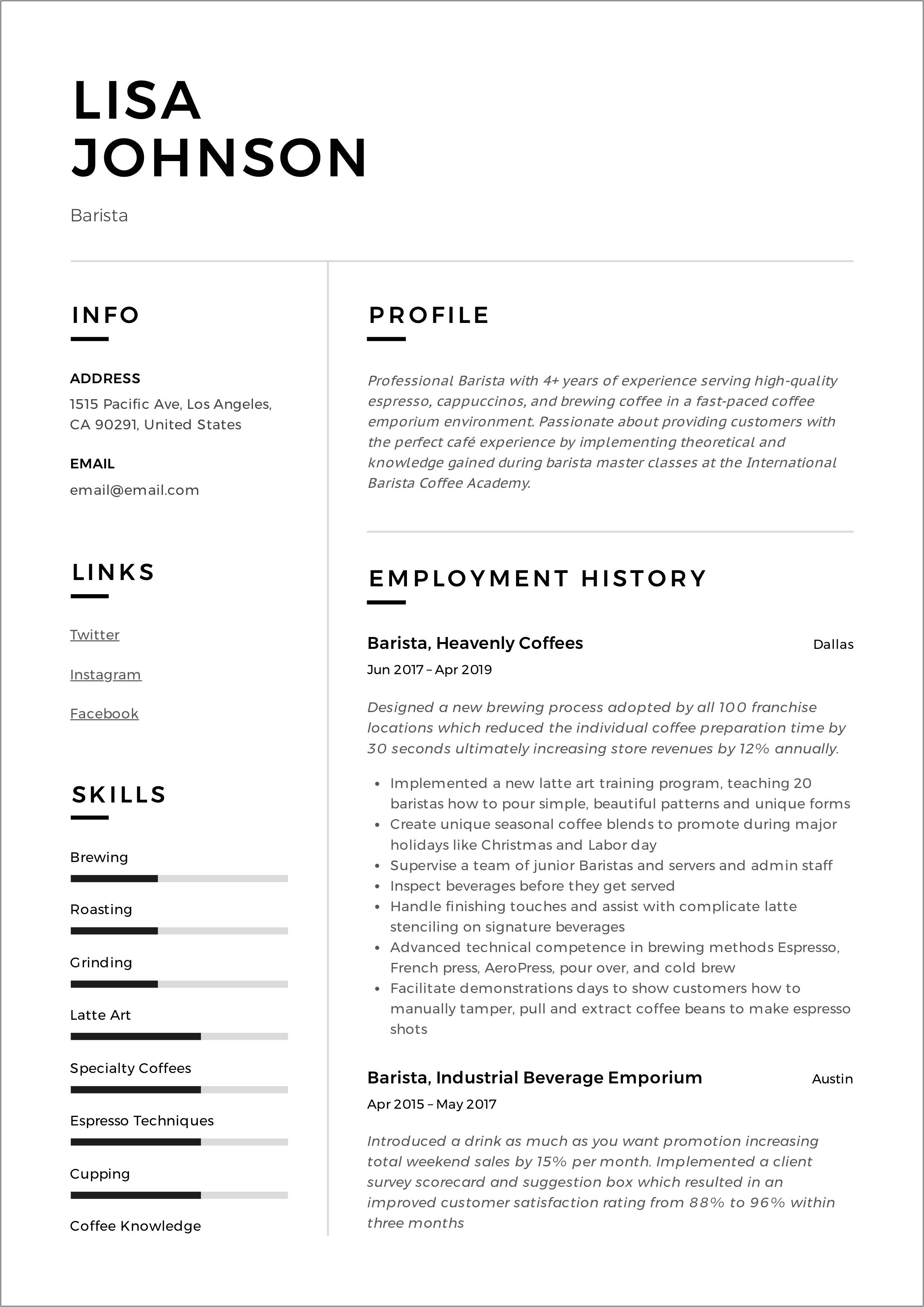 Resume Skills For A Barista