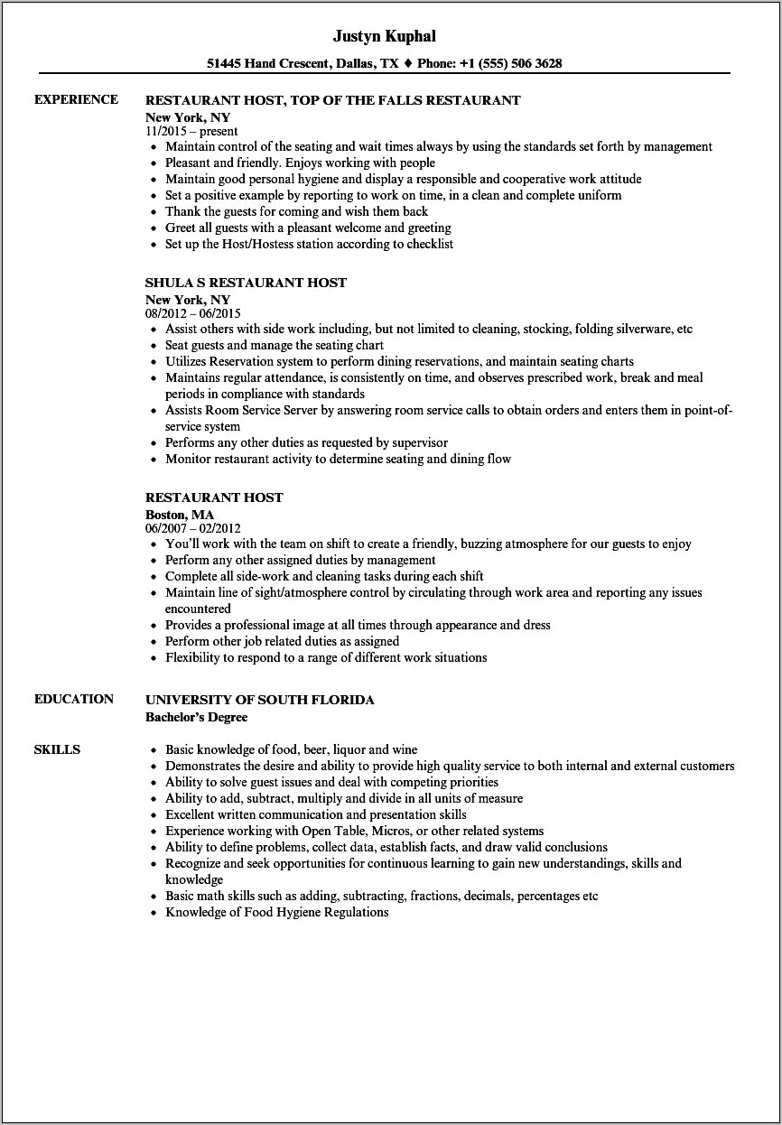 Resume Skills For A Restaurant