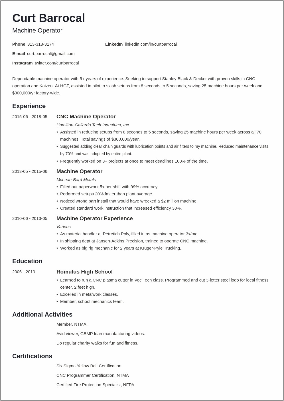 Resume Skills For Press Operator