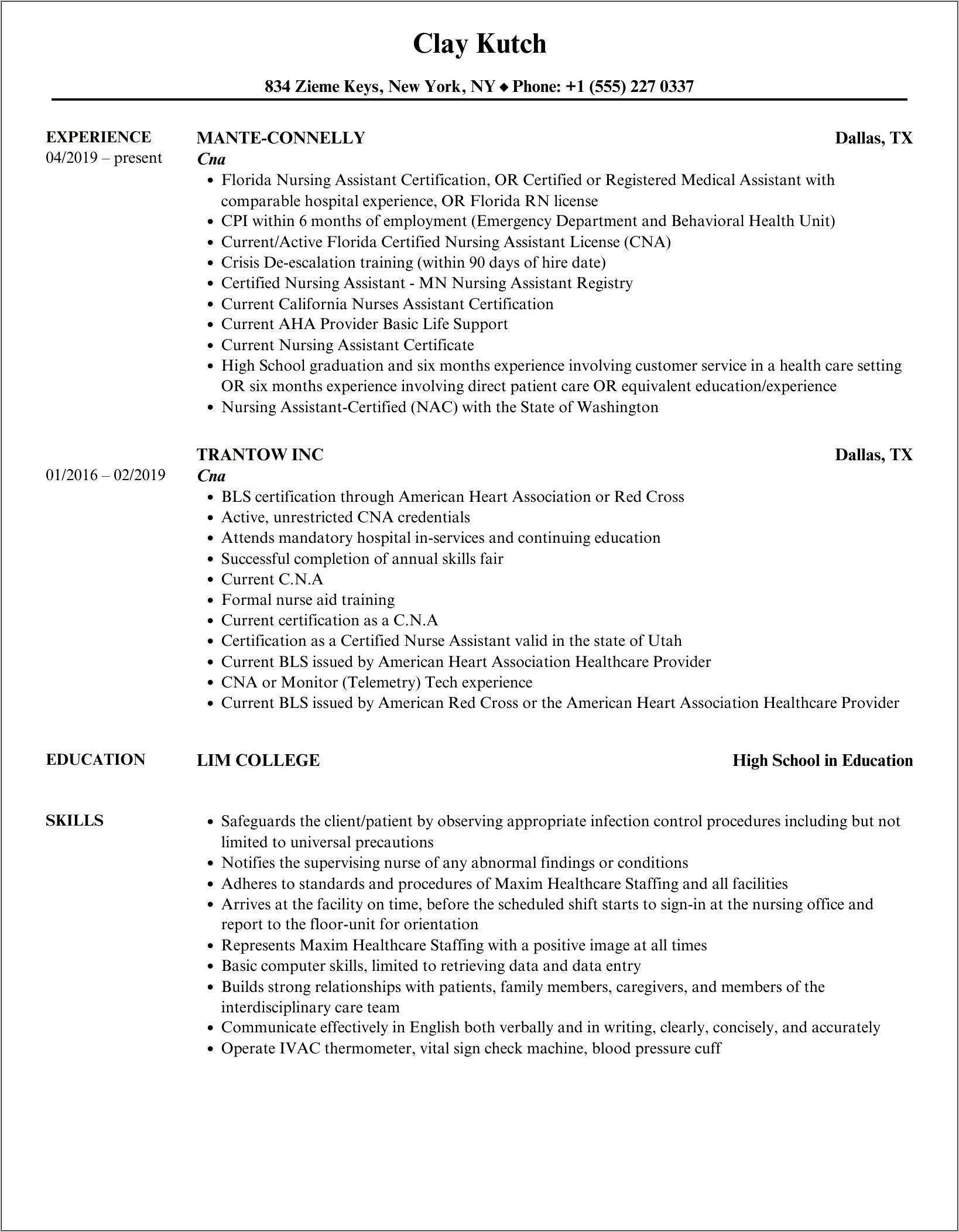 Resume Skills List For Cna