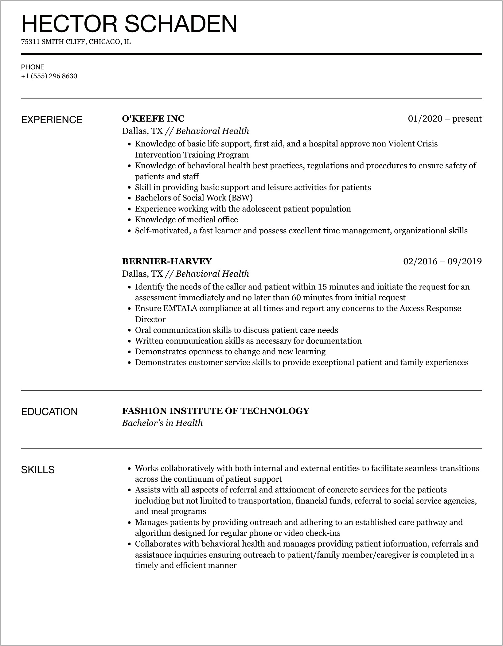Resume Skills Mental Health Managemnet