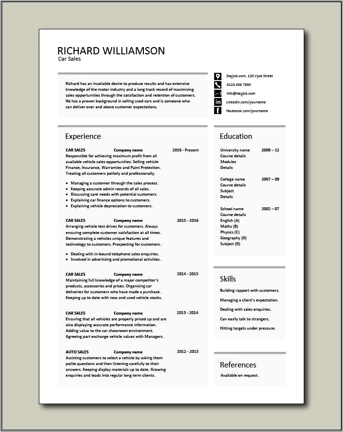 Resume Skills Related To Dealership