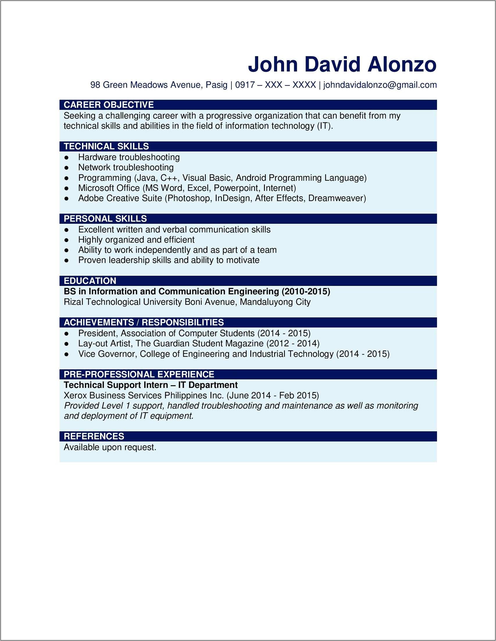 Resume Skills Sample For Computer