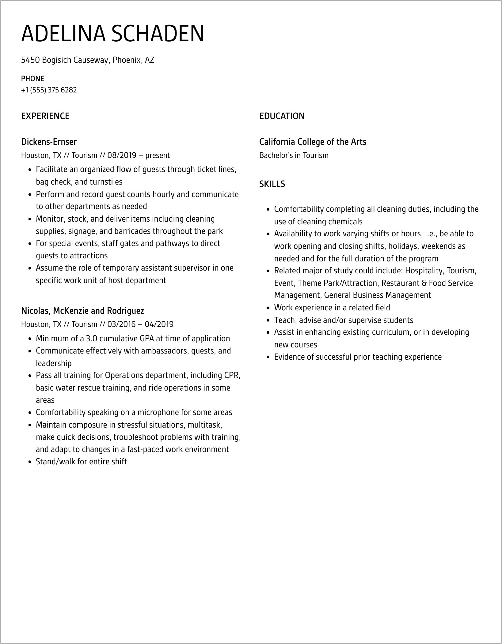 Resume Skills Sample For Tourism