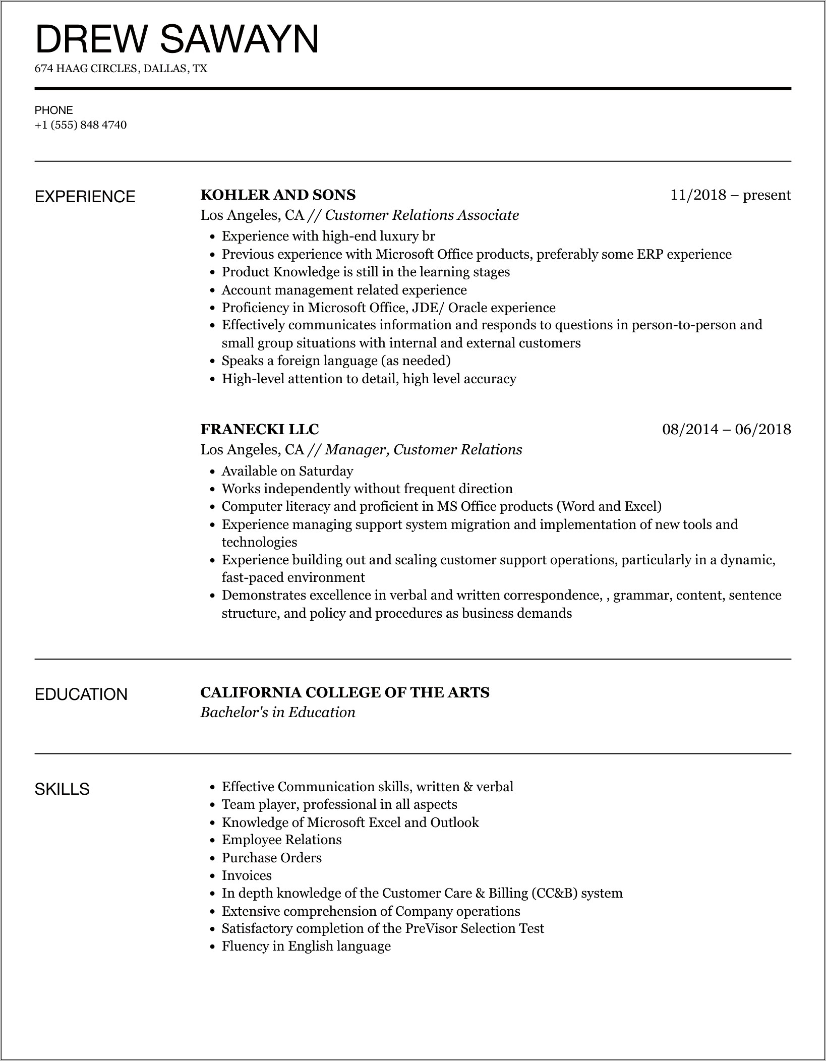 Resume Skills Section Customer Relations