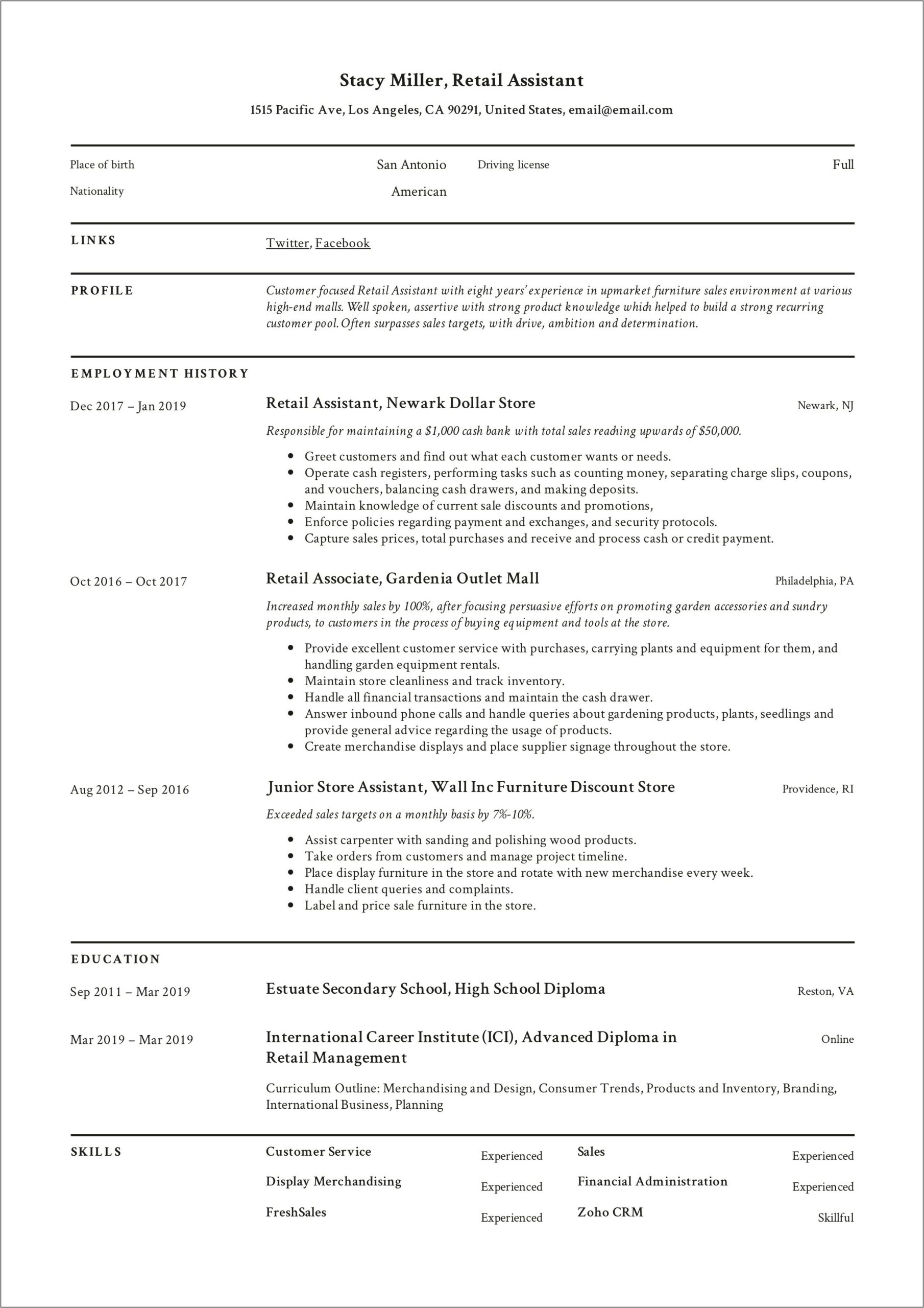 Resume Skills Section For Retail