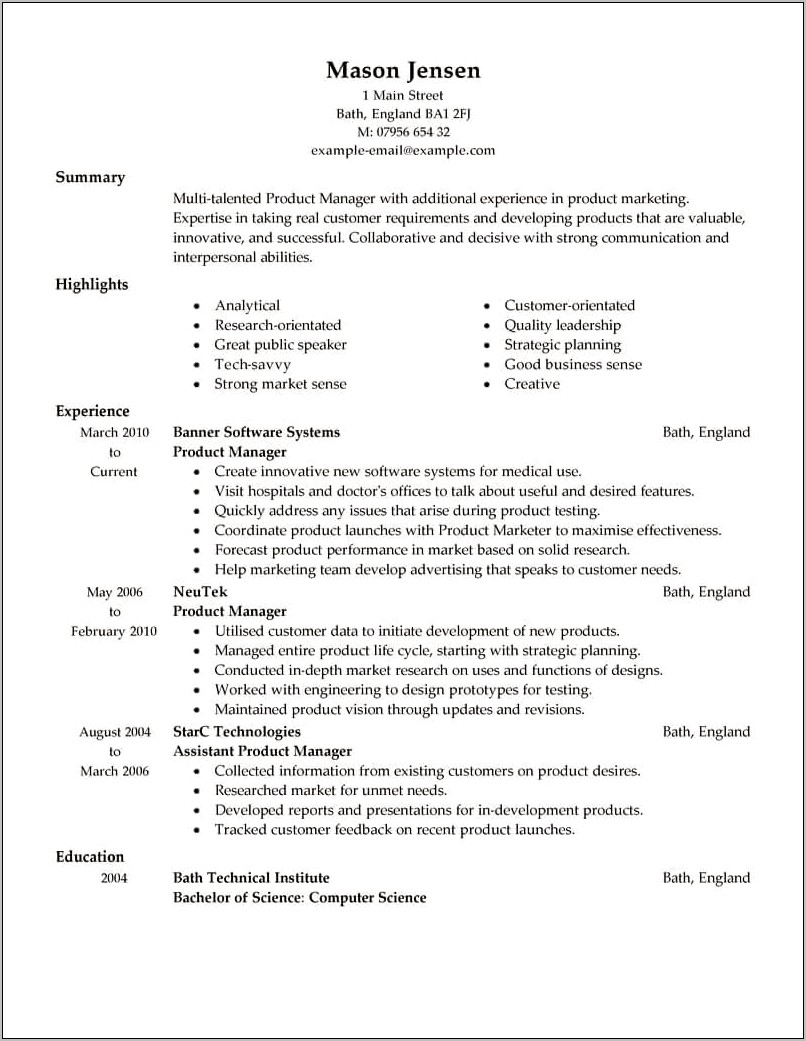 Resume Skilsl Examples Product Management