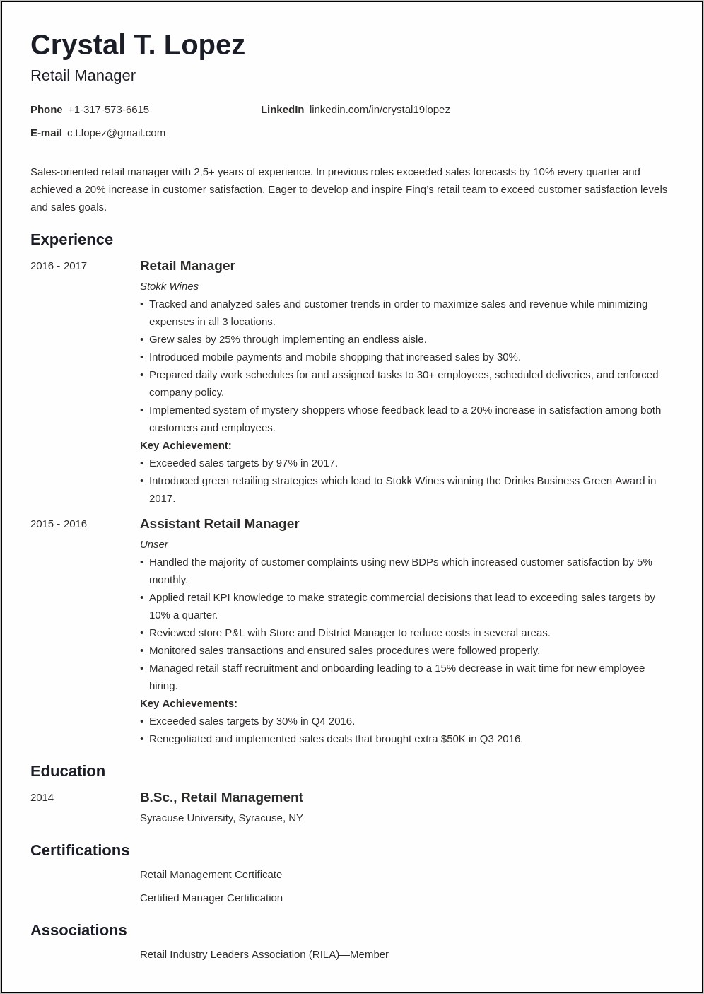 Resume Store Manager Summary Examples