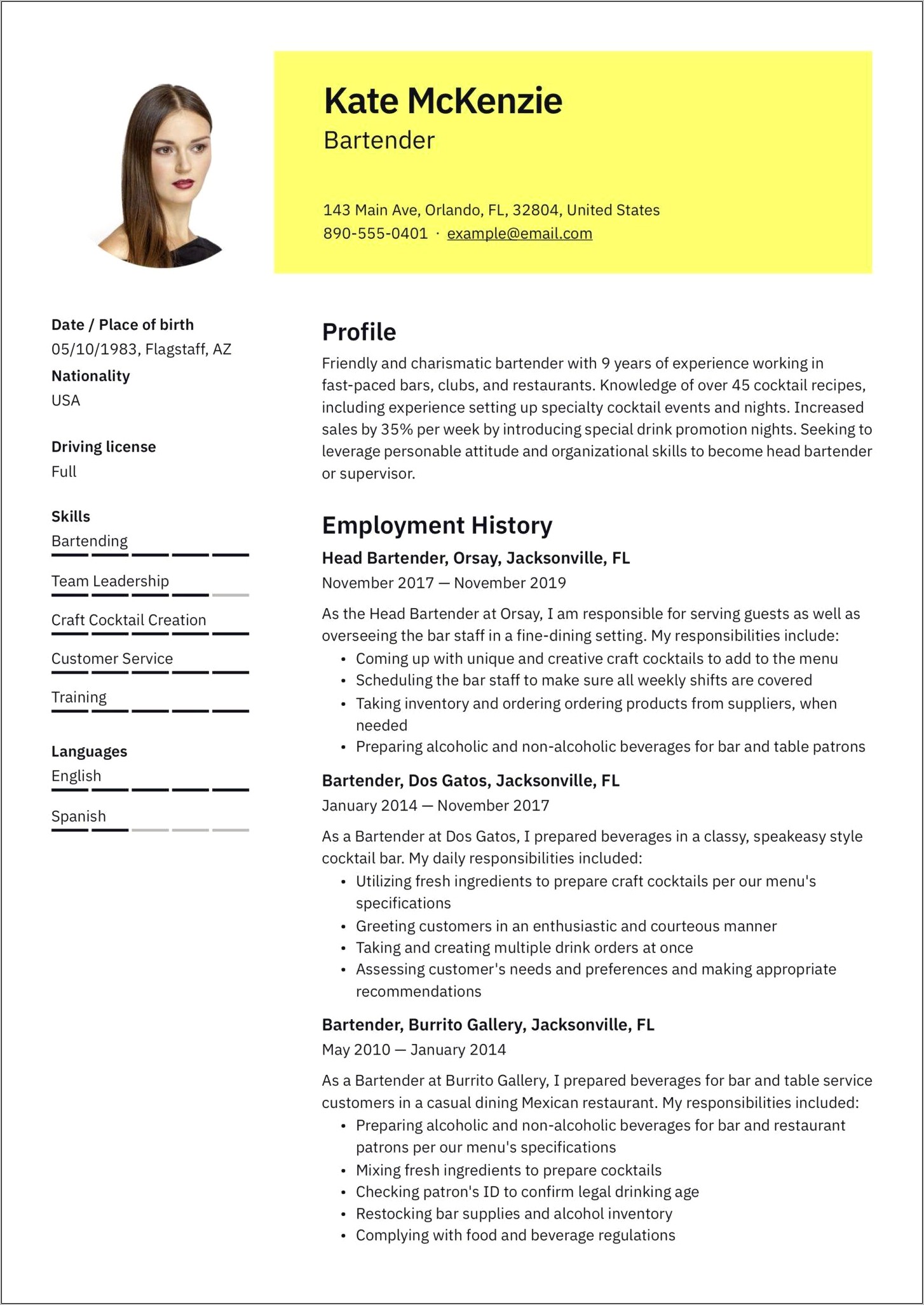 Resume Summary Examples For Bartender