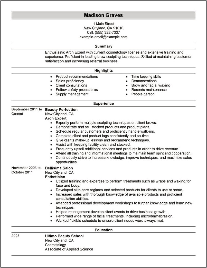 Resume Summary Examples For Estheticians