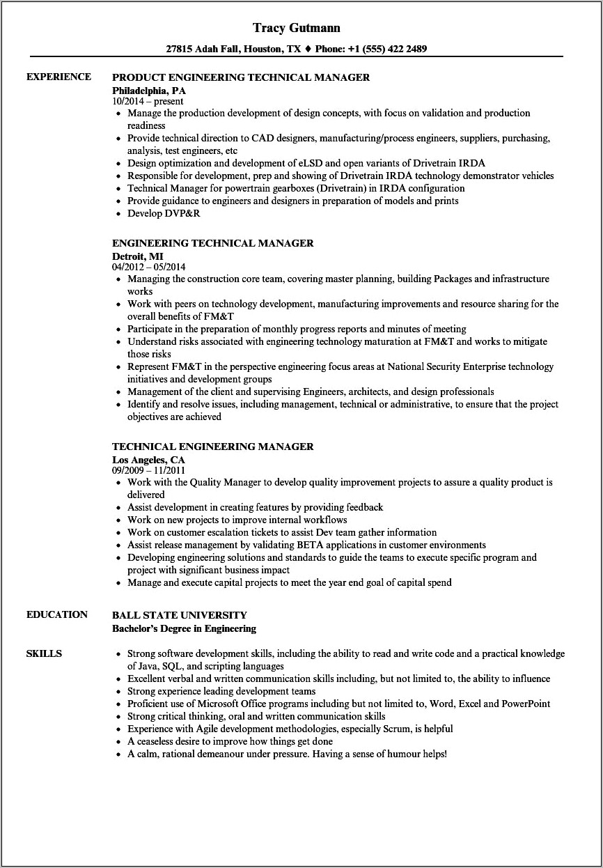 Resume Summary For Engineering Manager