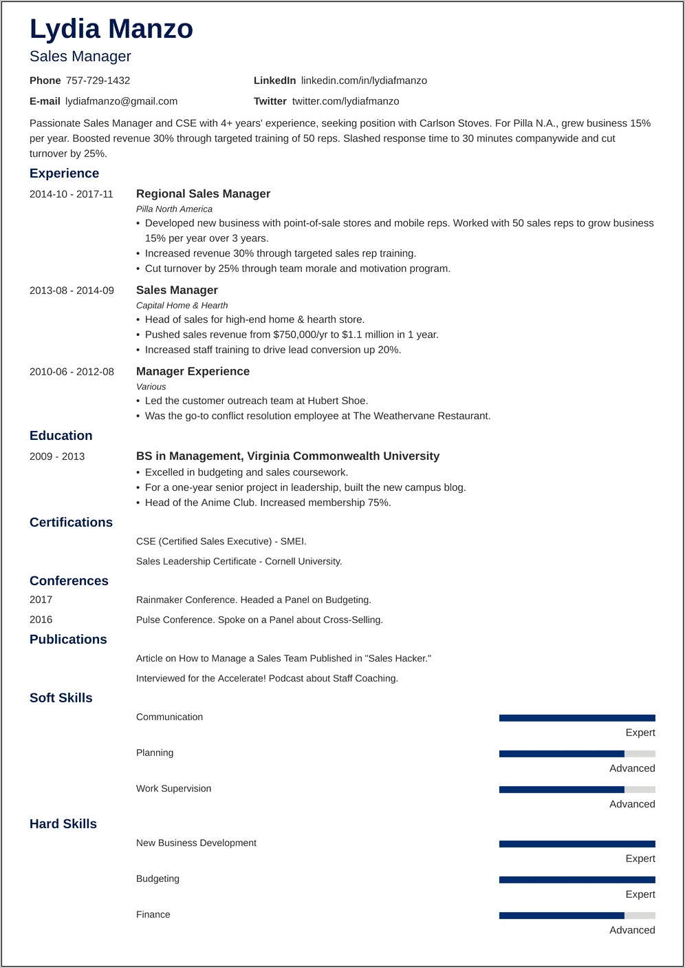 Resume Summary For Manager Position