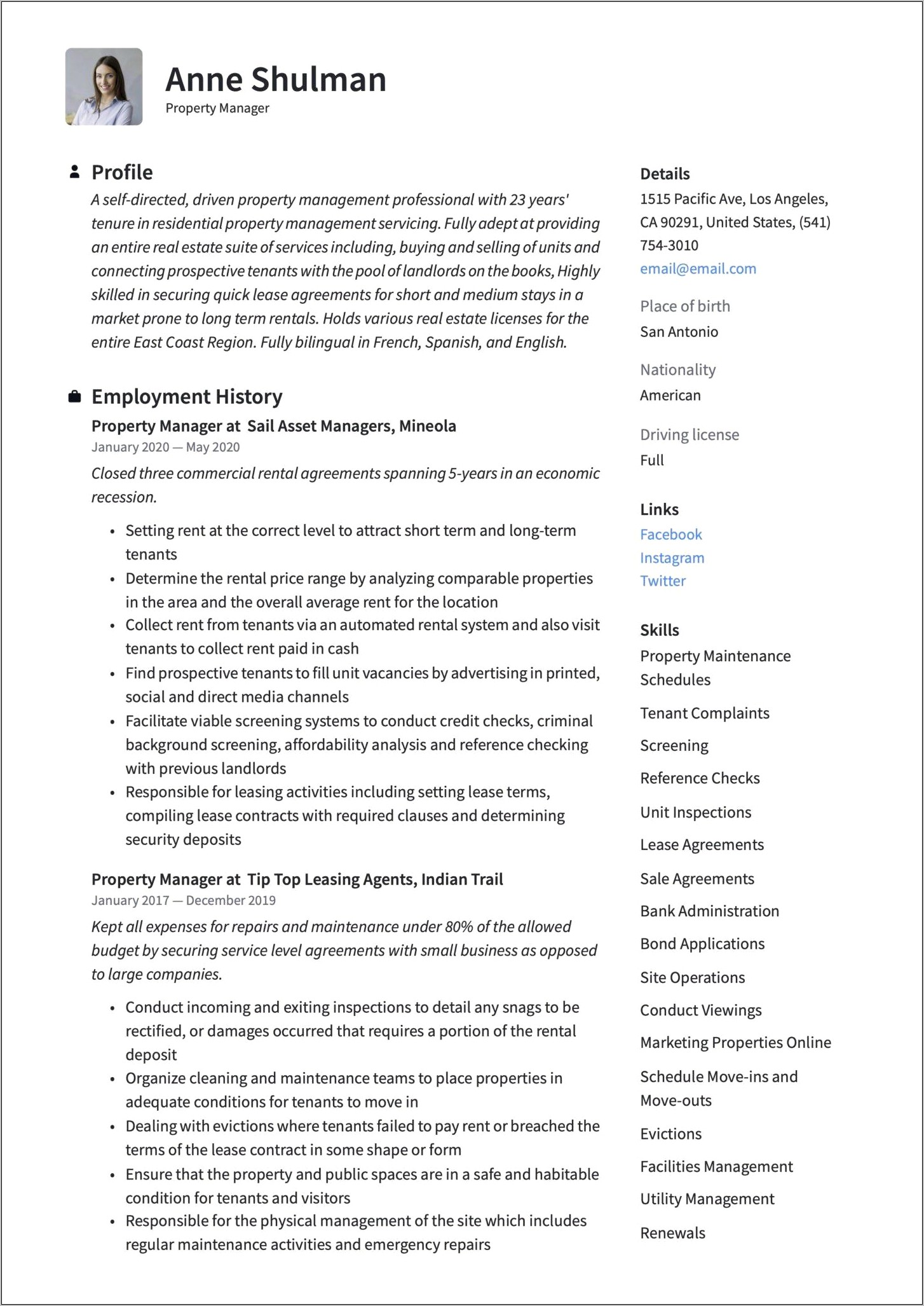 Resume Summary For Property Manager