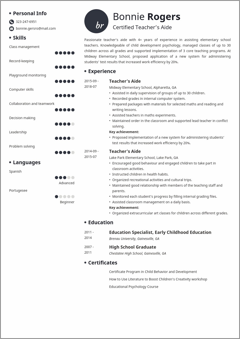 Resume Teacher Aide Summary Examples