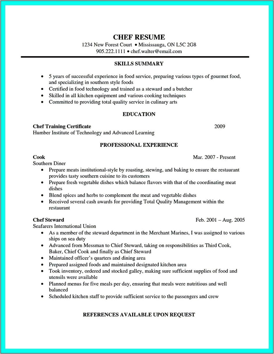 Resume Template For Cooking Job