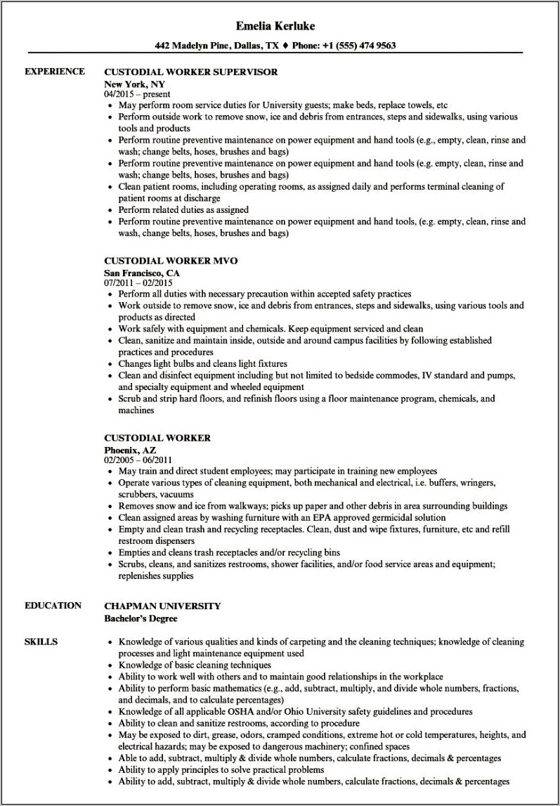 Resume Template For Custodial Job