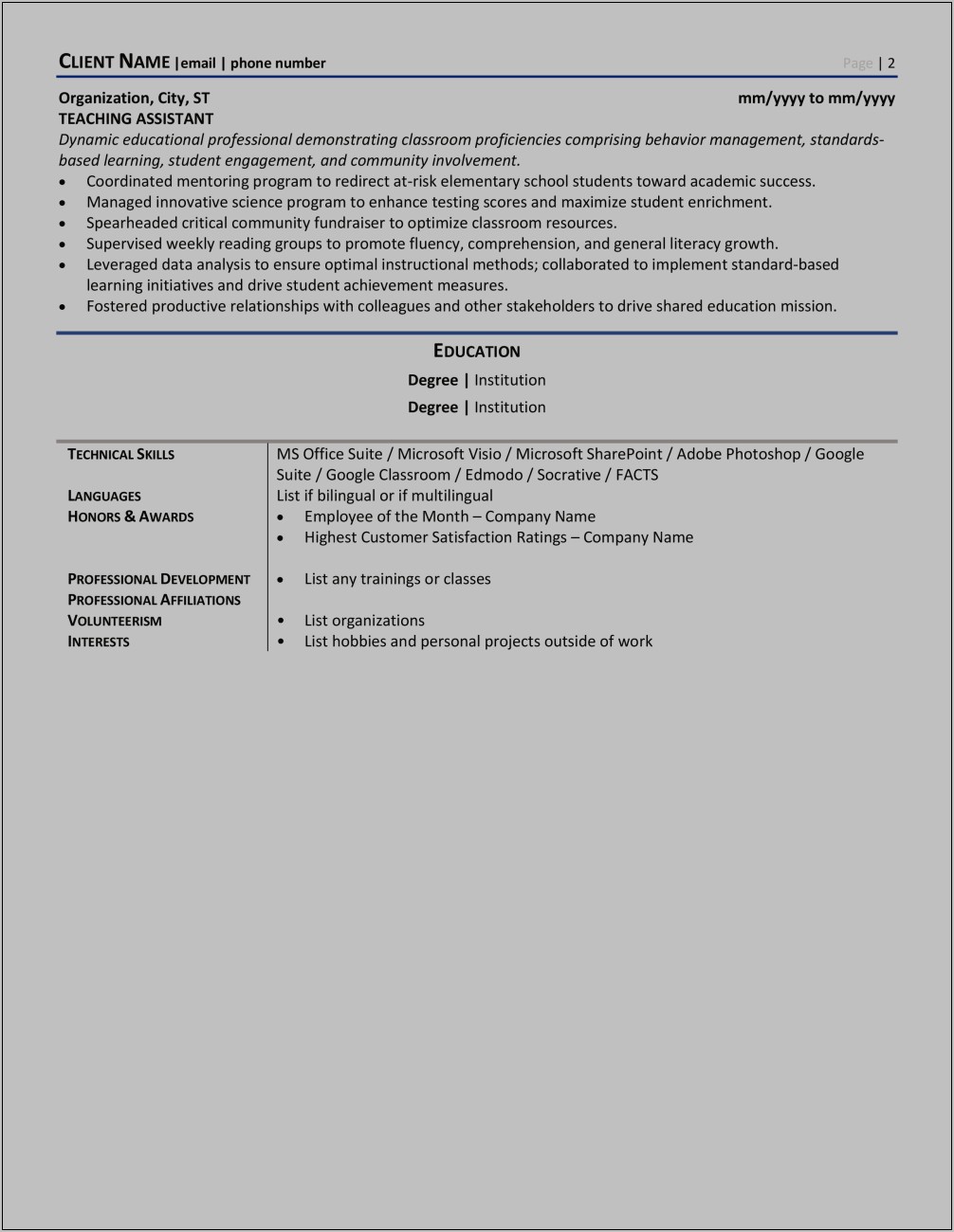 Resume Template For Education Jobs