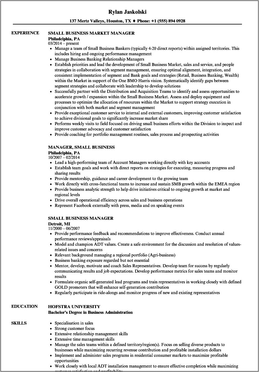 Resume Templates For Business Manager