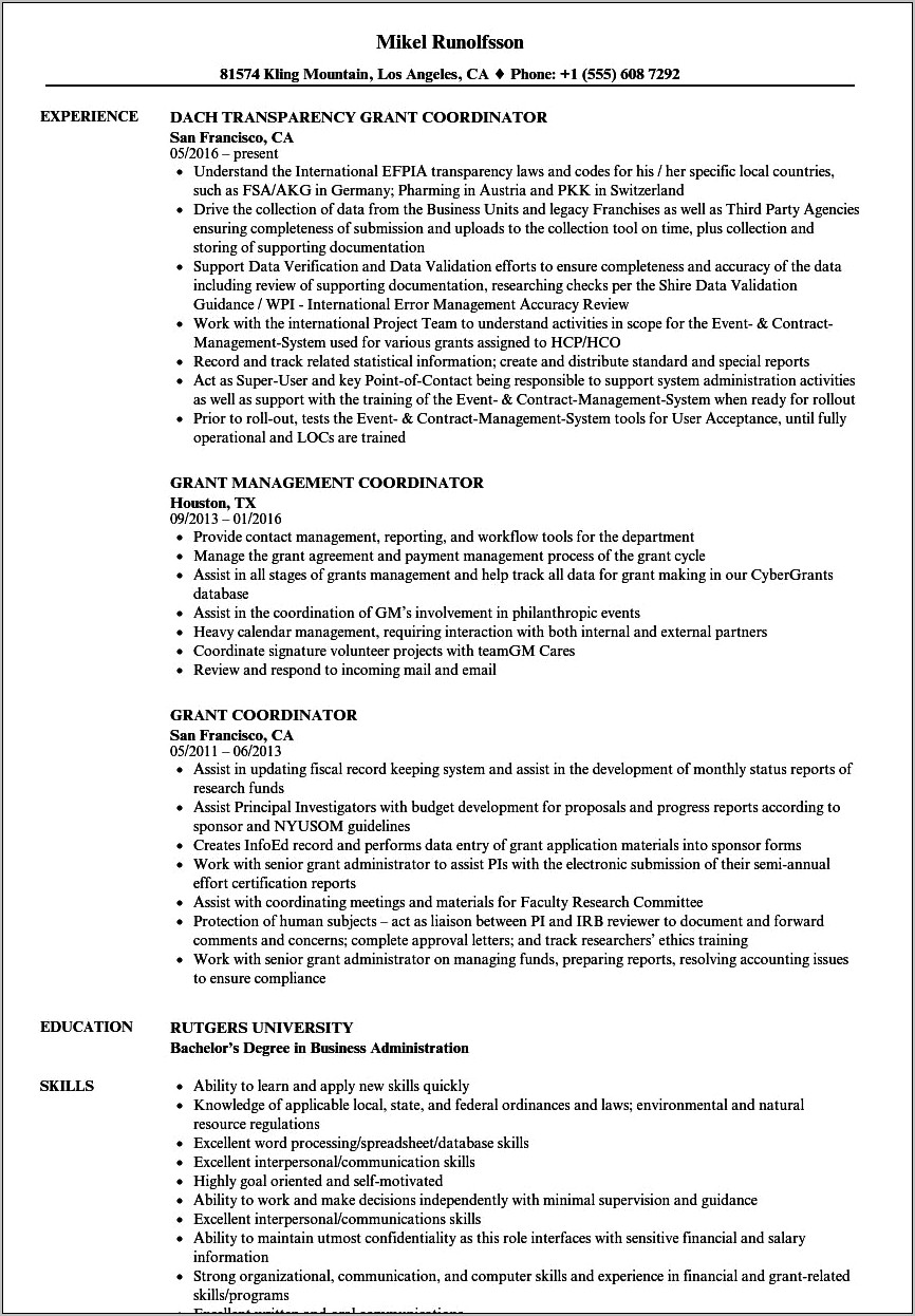 Resume Templates For Grant Managers